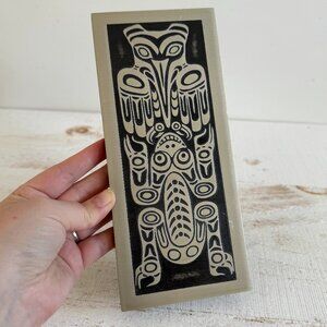 Vintage First Nations Art Plaque - Haida Style Raven and Frog Etched Aluminum